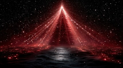 Red Particle Christmas Tree on Water with Starry Sky - Magical Festive Scene