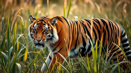 Fototapeta premium Majestic Tiger Walking Through Lush Grass in Natural Habitat Under Soft Golden Light