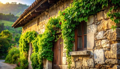 Stone Farmhouse Exterior Covered In Lush Green Ivy And Red Roses With Warm Golden Hour Sunlight Illuminating The Old Rustic Wooden Door And Window In A Picturesque Rural Countryside Landscape
