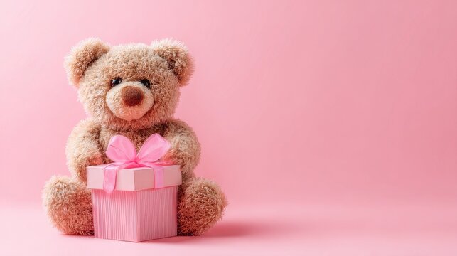 Adorable teddy bear holding heart-shaped gift box on soft pink background, romantic valentine’s day concept with love and tenderness, february celebration decoration for greeting cards and seasonal gi