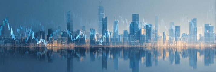 City Skyline at Dusk With Reflections and Digital Graphs Indicating Financial Data Trends and Growth