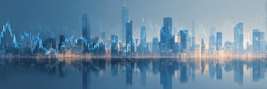 City Skyline at Dusk With Reflections and Digital Graphs Indicating Financial Data Trends and Growth