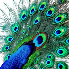 Fototapeta premium Vibrant Peacock Feather Display Showcasing Stunning Iridescence and Color Variations in Nature's Exquisite Design