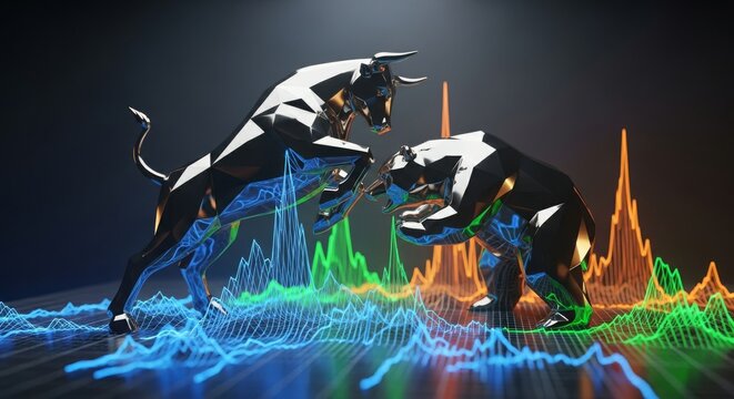 Dynamic bull versus bear market concept with vibrant financial graph, representing stock market trends and investment strategies for wealth creation