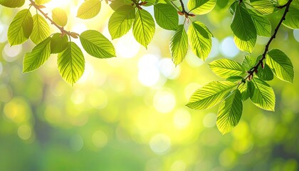 Sunlight filters through bright green leaves on tree branches creating a soft bokeh background in a natural outdoor setting