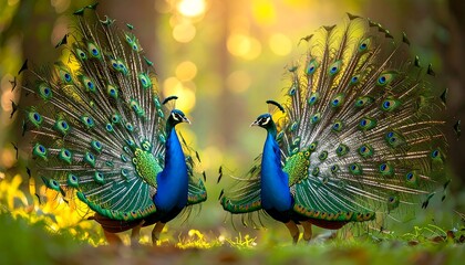 Two peacocks displaying vibrant plumage in a natural setting