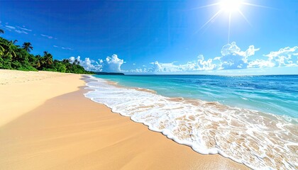 Sunlight gleams on golden beach sand with tiny shells beside turquoise ocean waves under a bright sunny sky with fluffy clouds and green palm trees on the left side
