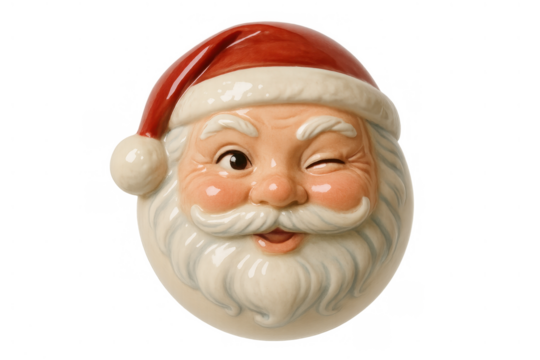 Santa claus ceramic face with red hat winking, bringing festive cheer and holiday tradition, transparent background