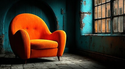 Orange armchair stands in a room with a window and a blue wall.