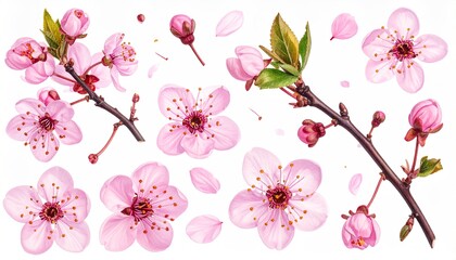 Watercolor Cherry Blossom Set - Delicate Pink Flowers and Branches.