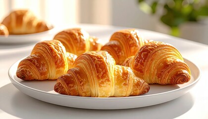Golden Brown Croissants Freshly Baked and Placed on a White Plate Bathed in Soft Morning Sunlight