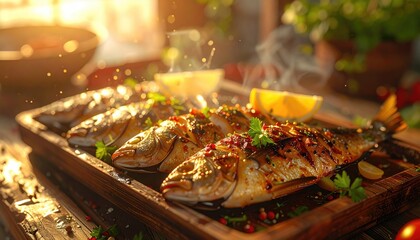 Grilled Whole Fish Platter with Lemon Garnish and Fresh Herbs in Warm Sunlight
