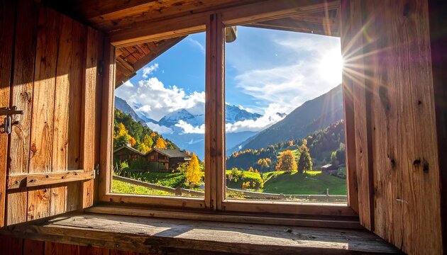 Wooden cabin window view of alpine scenery