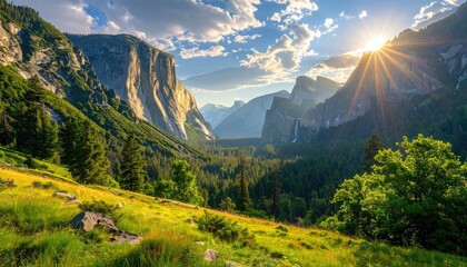 Majestic Mountain Valley at Golden Hour With Sunlight Breaking Through Clouds Illuminating Green Meadows and Pine Forests in the Distance