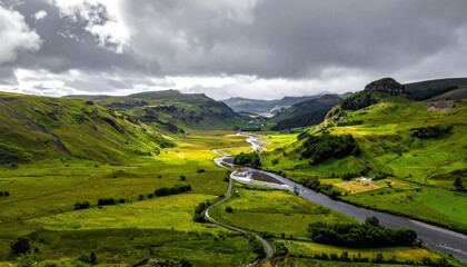 Panoramic Wide Aerial View Of A Lush Green Valley With A Winding River Under A Dramatic Cloudy Sky With Speckled Raindrops And Sunlight Breaking Through On Rolling Hills