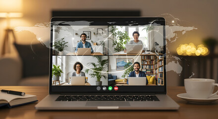 Productive video conference call connecting a diverse global remote team, enhancing collaboration and communication across international distances from individual home offices
