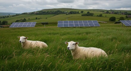 Fototapeta premium Sheep Grazing in a Green Field with Solar Panels in the Background