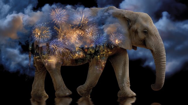 Elephant Walking with Cityscape Fireworks Double Exposure Creative Animal Concept