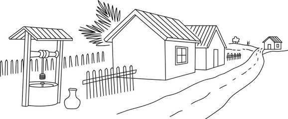 Obraz premium Rural village scene with buildings and a well drawn in black and white sketch style