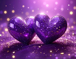 Two purple hearts on a purple surface with glitter