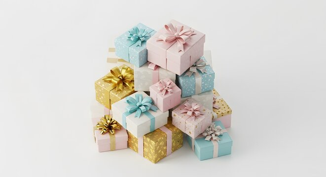 A pyramid stack of small, colorful gift boxes in pastel and gold with bows on a white background.