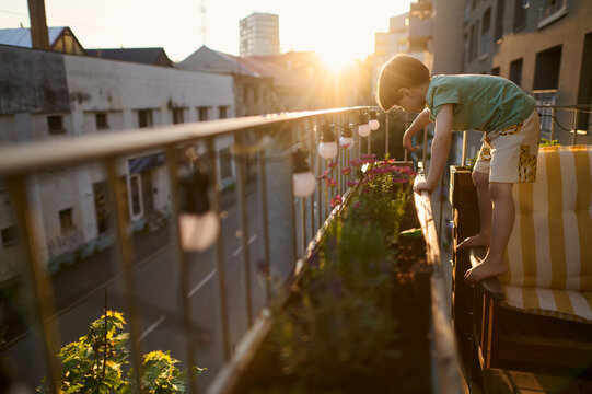 Child Gardening on Balcony During Golden Hour