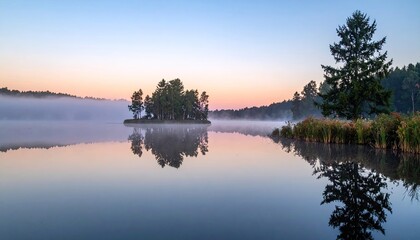 Serene Lake Landscape at Sunrise With Distant Fog Rolling Over Lush Green Trees and Reflective Water Surface Under A Soft Pink and Blue Sky