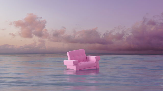 Pink armchair floating calmly in the serene sea at sunset
