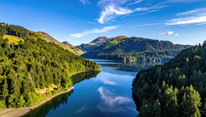 Serene Lake Reflecting Majestic Forested Mountains Under a Bright Blue Sky with Wispy Clouds and Sunlight Bathed Hills