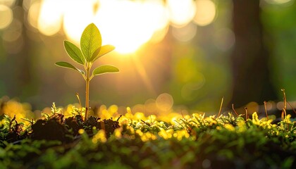 Small Green Plant Sprouting From Soil Bathed In Golden Sunlight With Soft Bokeh Forest Background