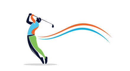 Fototapeta premium A dynamic, stylized illustration of a golfer mid-swing, with vibrant blue and orange streaks symbolizing movement or a golf ball's flight.