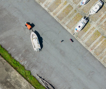 Aerial Boatyard Parking Boats Trailers and Grassy Border View