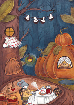Illustration of a mouse at tea time