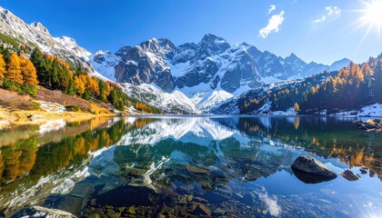 Snow Dusted Mountains Reflected In A Clear Lake With Autumn Trees And Bright Sunlight On A Clear Day