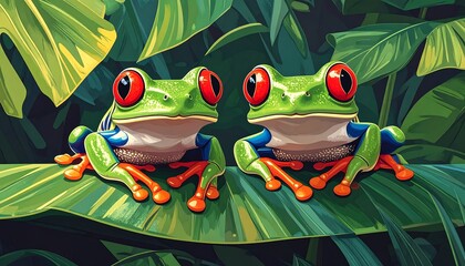 Two red-eyed tree frogs on a jungle leaf