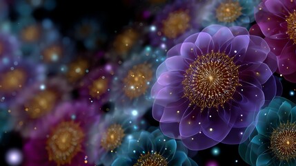 Fototapeta premium Abstract Flowers with Glowing Details and Delicate Transparency on Dark Background