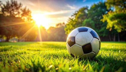 Soccer Ball Rests on Lush Green Grass in a Sunlit Park During Golden Hour with Trees in the Background