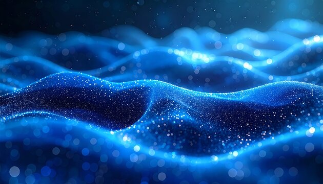 Abstract blue waves with sparkling particles, flowing motion
