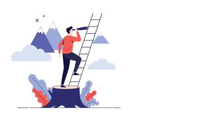A man stands on a tree stump, looking through a telescope at a ladder leading towards distant mountains, symbolizing future vision and exploration.