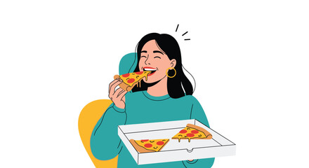 Happy young woman joyfully eats a slice of delicious, cheesy pizza, with more slices in the box she's holding.