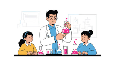A male scientist in a lab coat demonstrates a chemistry experiment to two smiling young girls, using colorful liquids in a vibrant laboratory.