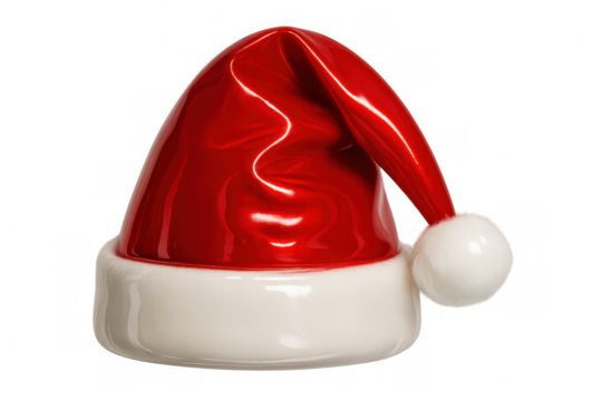 Shiny red santa hat featuring a white brim and pompom, displaying festive christmas holiday decoration with a glossy surface on transparent background - Powered by Adobe