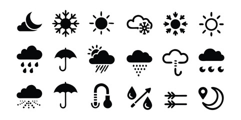 Weather & Climate Icons Pack | Sun, Cloud, Rain, Snow, and Storm Vector Set | Minimal Line and Solid Style