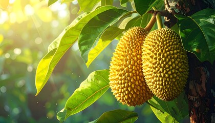 Two ripe fruits hang from a tree branch, bathed in sunlight