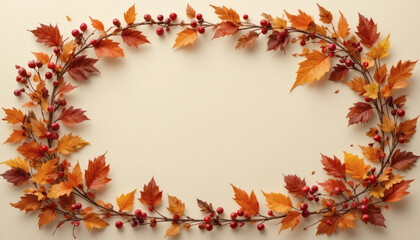 Fototapeta premium Autumn wreath frame with leaves and berries on cream background, Thanksgiving card layout.