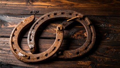 Two rusty horseshoes on a dark wooden surface