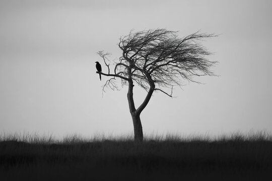 Minimalist Black and White Silhouette of a Lone Tree with Bird