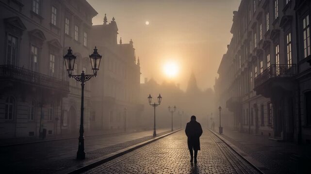 A lone figure walks cobblestone street lined with buildings shrouded in heavy fog at dawn