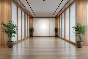 Obraz premium Modern Empty Hallway with Wooden Walls, Large Windows, and Green Plants in Stylish Pots