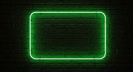 Glowing green neon sign on a dark brick wall for design and advertising